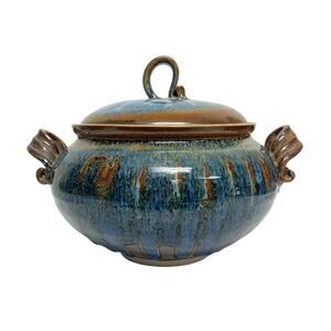 Artist Signed oRuchat Blue Brown Decorative Glazed Ceramic Lidded Pottery
